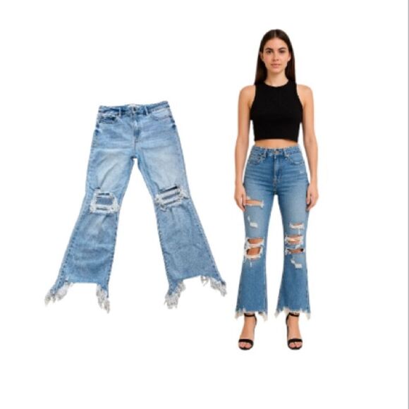Hidden LA 27x26 High Rise Crop Flare Jeans Distressed Fray Hem Stretch - Picture 2 of 11